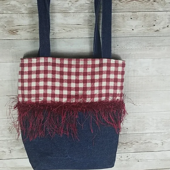 Fashion Tote, Red/white Gingham and blue Denim "Alabama" tote Bag. - Picture 2 of 3
